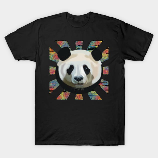 Striking Panda bear on glitched patterned rays T-Shirt by KateVanFloof